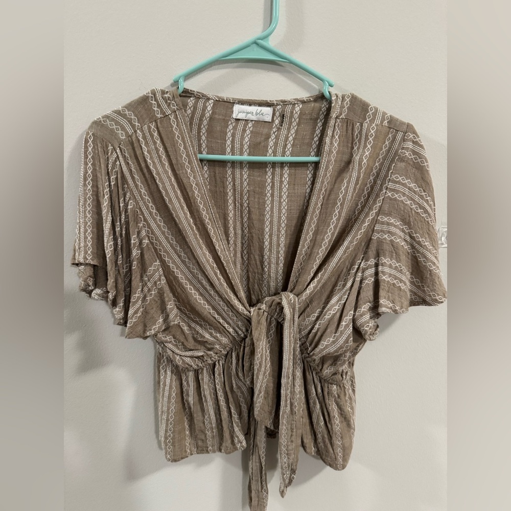 Paper Sky Taupe Tie-Front Patterned Blouse